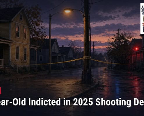 Fostoria News Flooded street at dusk with police tape after shooting incident in Toledo.